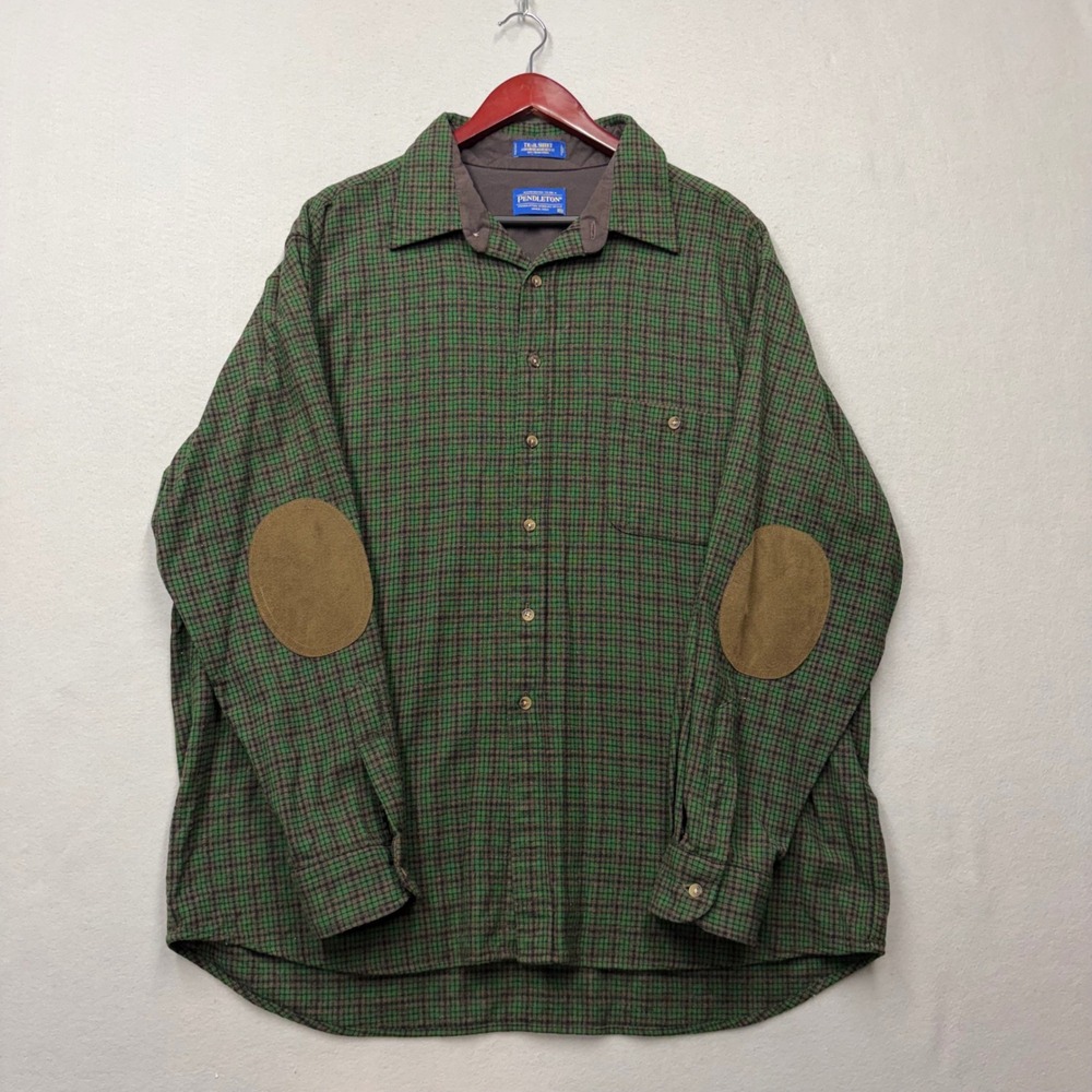 Pendleton Trail Shirt Men XXL Green Plaid Virgin Wool Elbow Patch Button Up